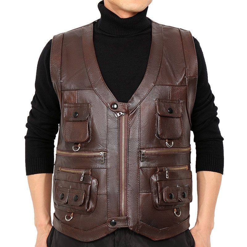 Motorcycle Gear Vest - Colete de couro genuíno dos homens