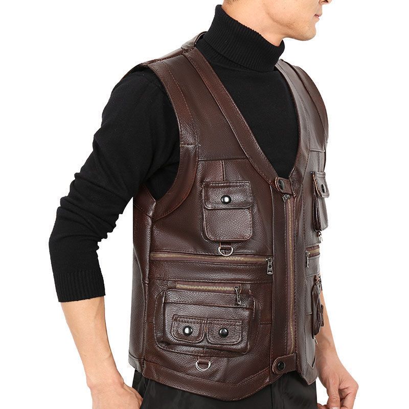 Colete de couro genuíno dos ho - Motorcycle Gear Vest avaliação e preço