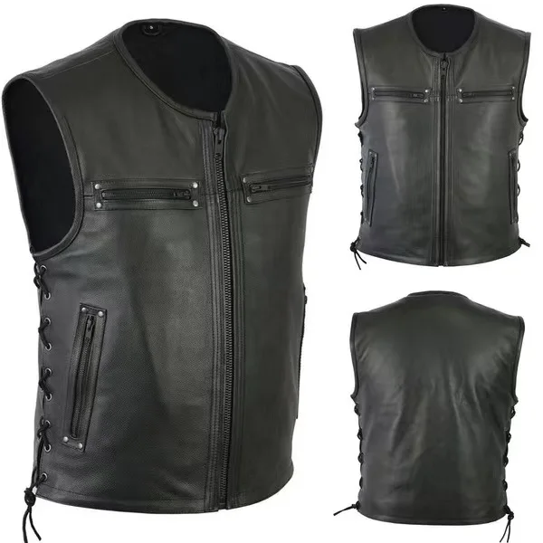 Novo Colete de Couro de Cor Só - Motorcycle Gear Vest avaliação e preço