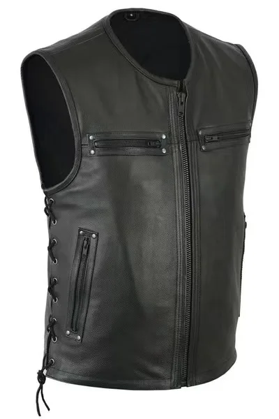 Novo Colete de Couro de Cor Só - Motorcycle Gear Vest avaliação e preço
